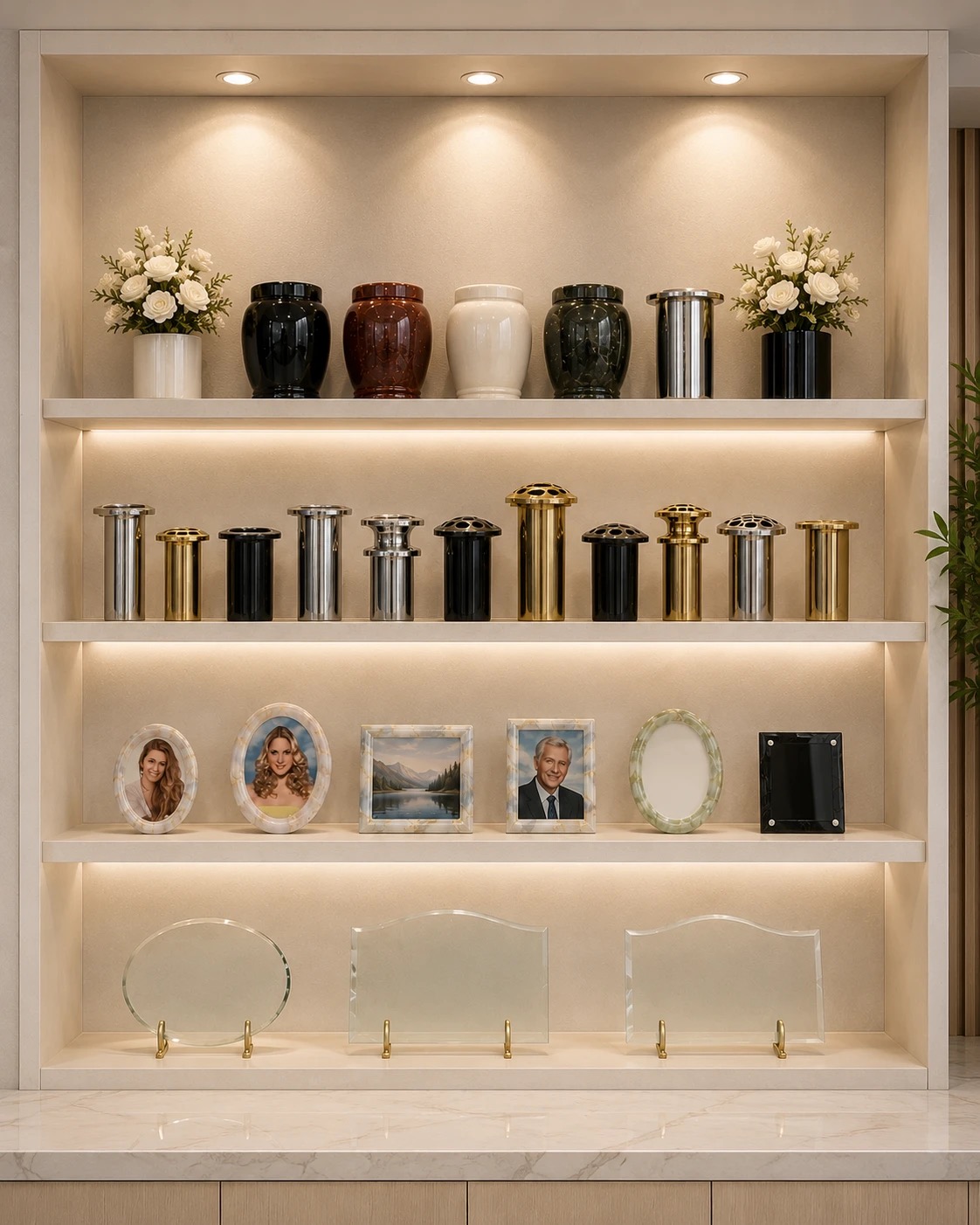 A display shelf of memorial urns, vases and keepsake plaques