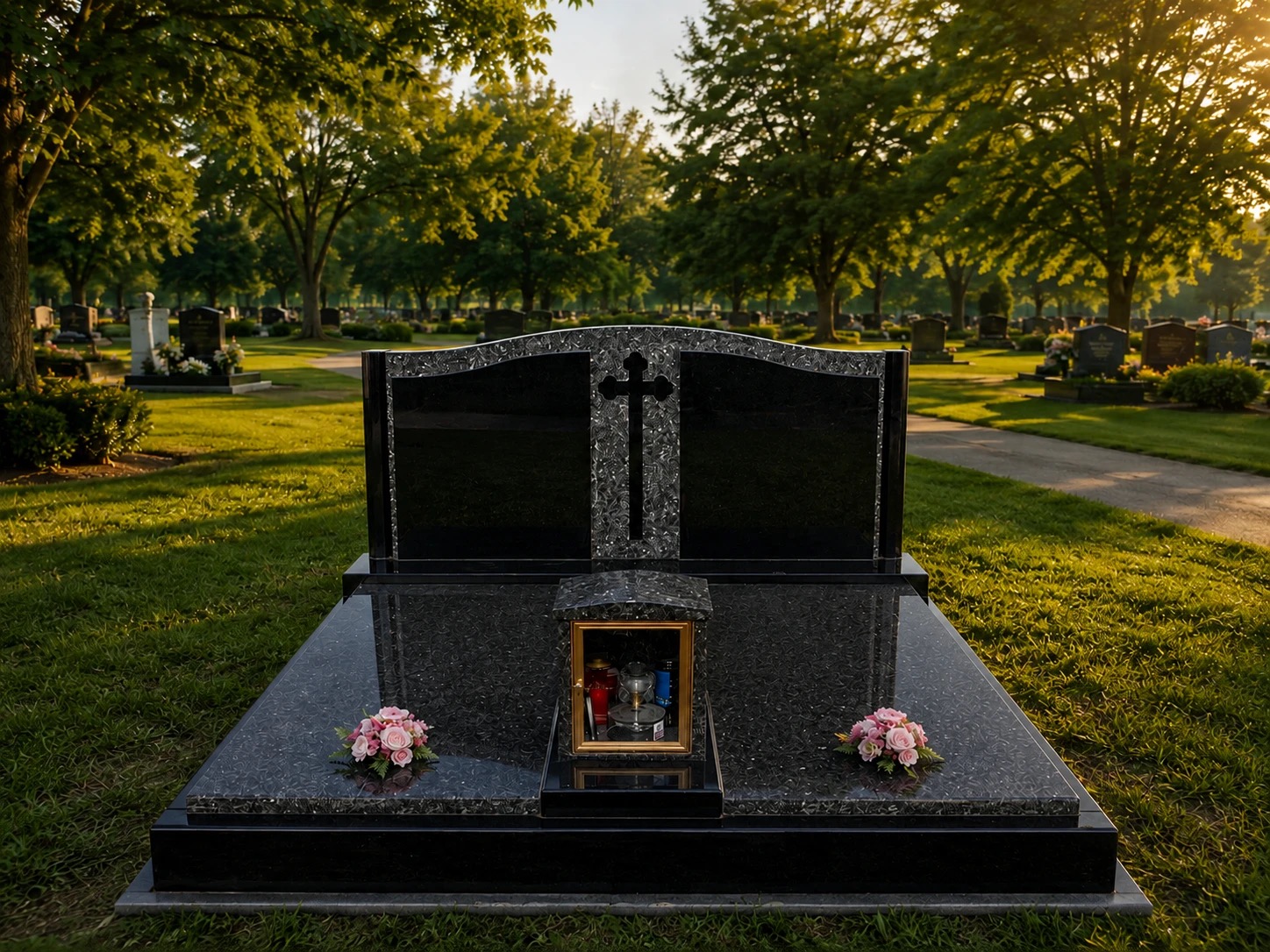A large granite memorial monument with floral tributes