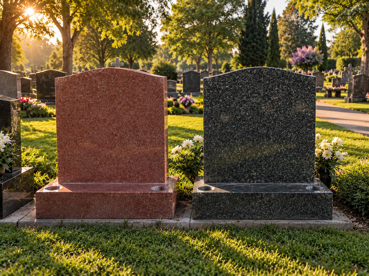 A red granite headstone and a dark granite headstone side by side in a sunlit cemetery
