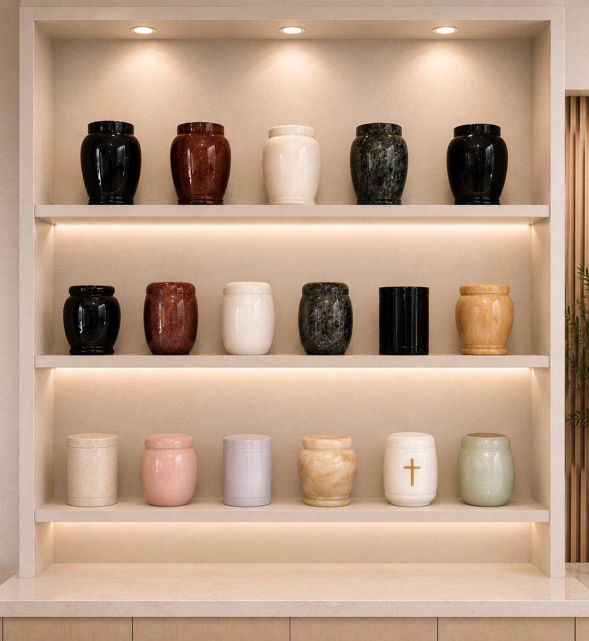A display of memorial urns in a range of finishes and colours